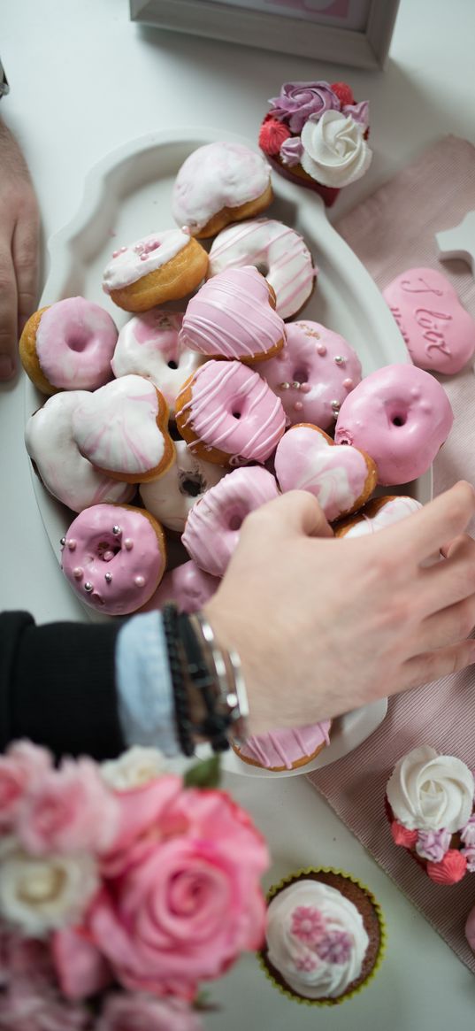 donuts, glaze, dessert, pink, hand