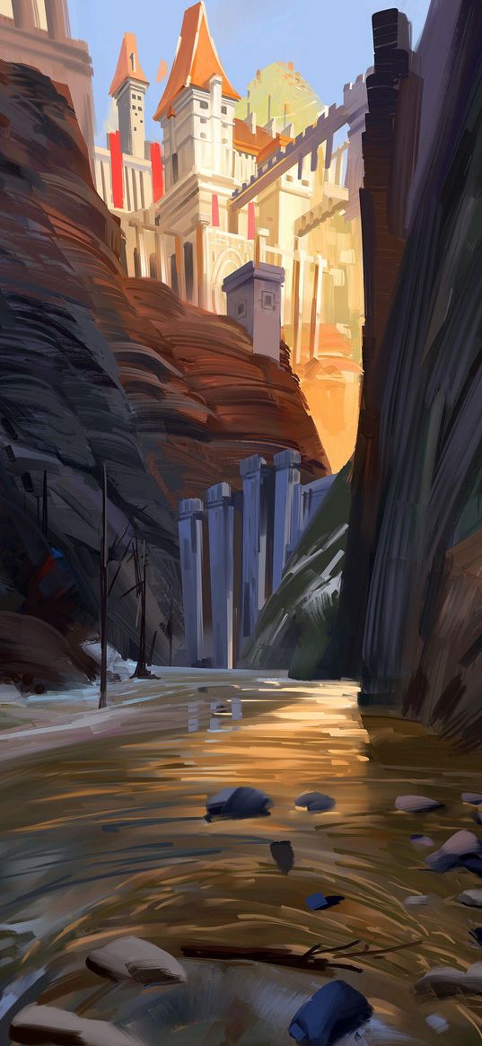 castle, rocks, gorge, art