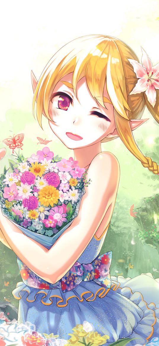 girl, elf, flowers, bouquet, happy, live, anime, art