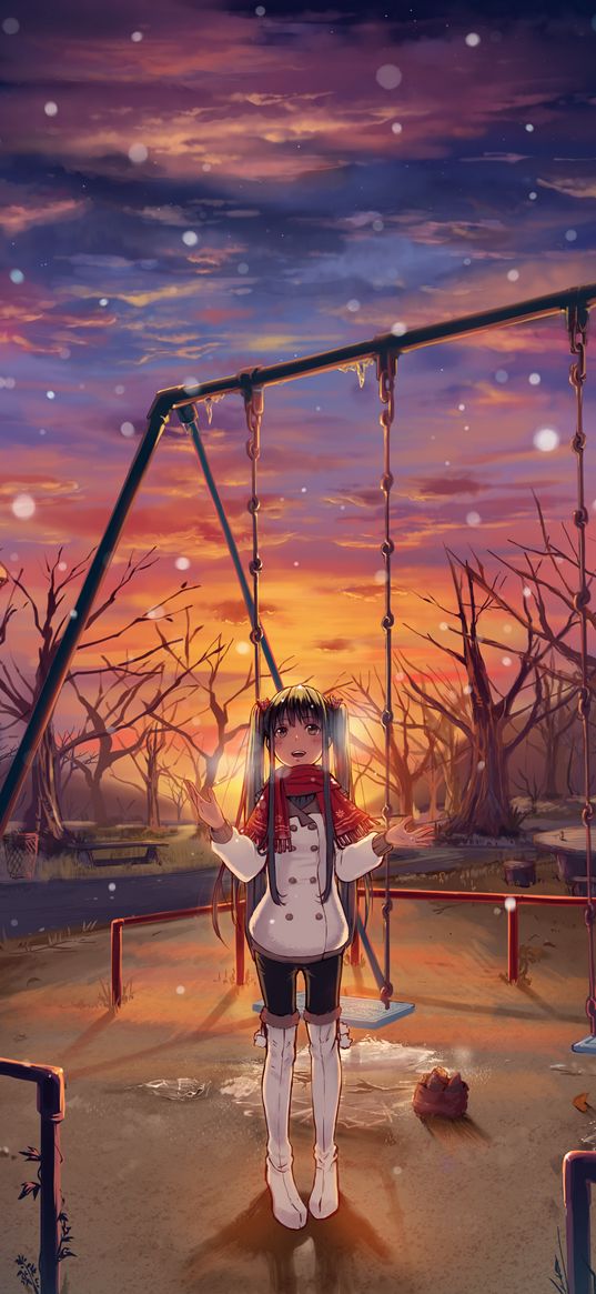 girl, swing, jacket, snow, winter, anime