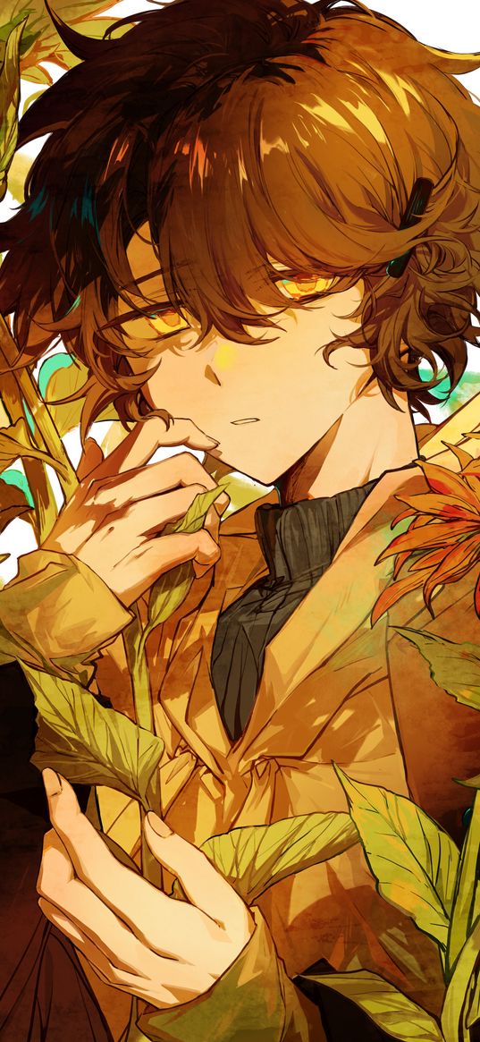 boy, sunflowers, flowers, anime, art