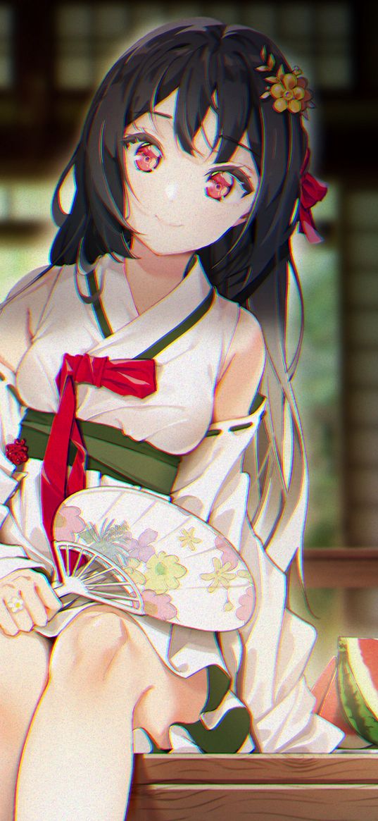 girl, kimono, smile, fan, anime