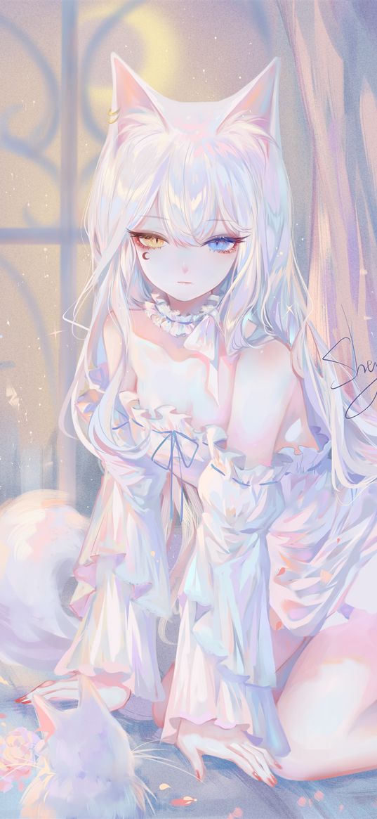 neko, ears, girl, anime, art, white