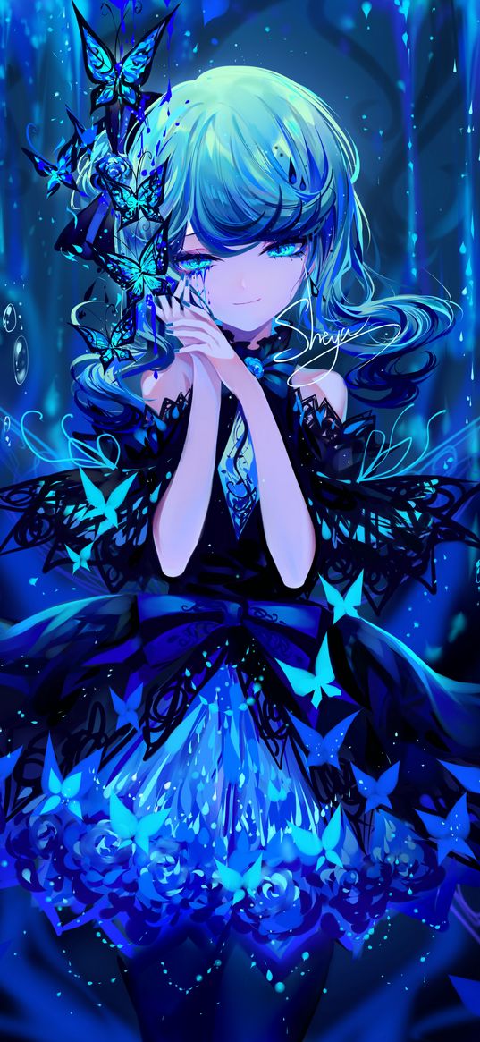 girl, butterflies, anime, art, blue