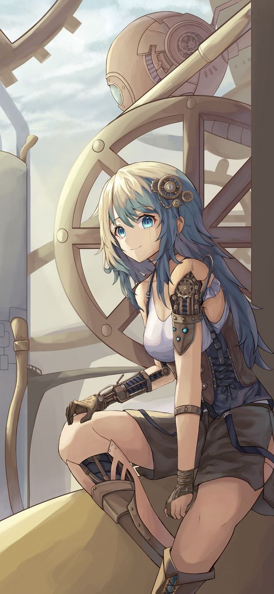 girl, smile, cyborg, steampunk, anime, art