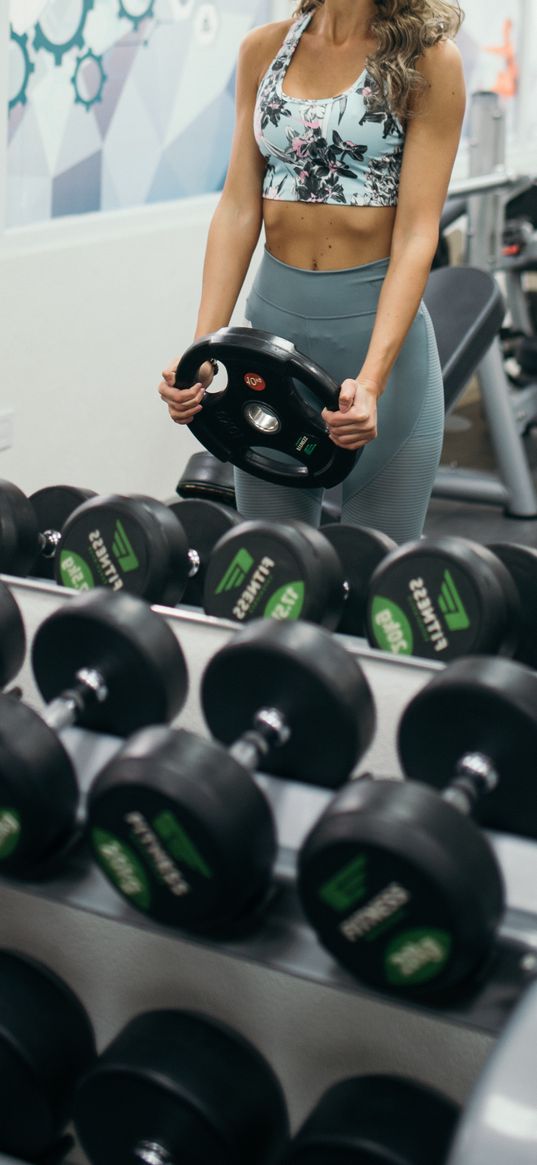 girl, dumbbells, fitness, gym