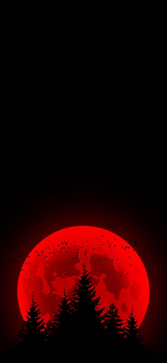 moon, trees, silhouettes, forest, dark, red