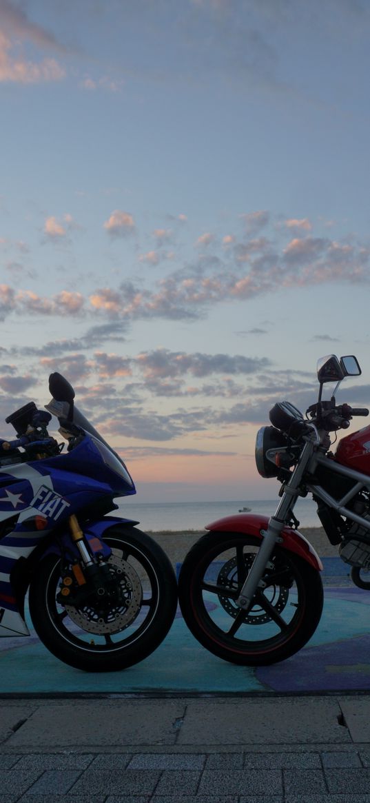 motorcycles, bikes, blue, red, twilight, moto