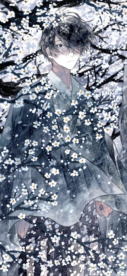 guy, kimono, samurai, sakura, anime, art