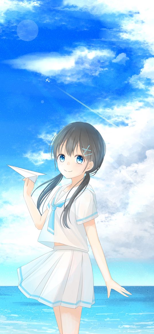 girl, smile, sea, airplane, anime, art, cartoon