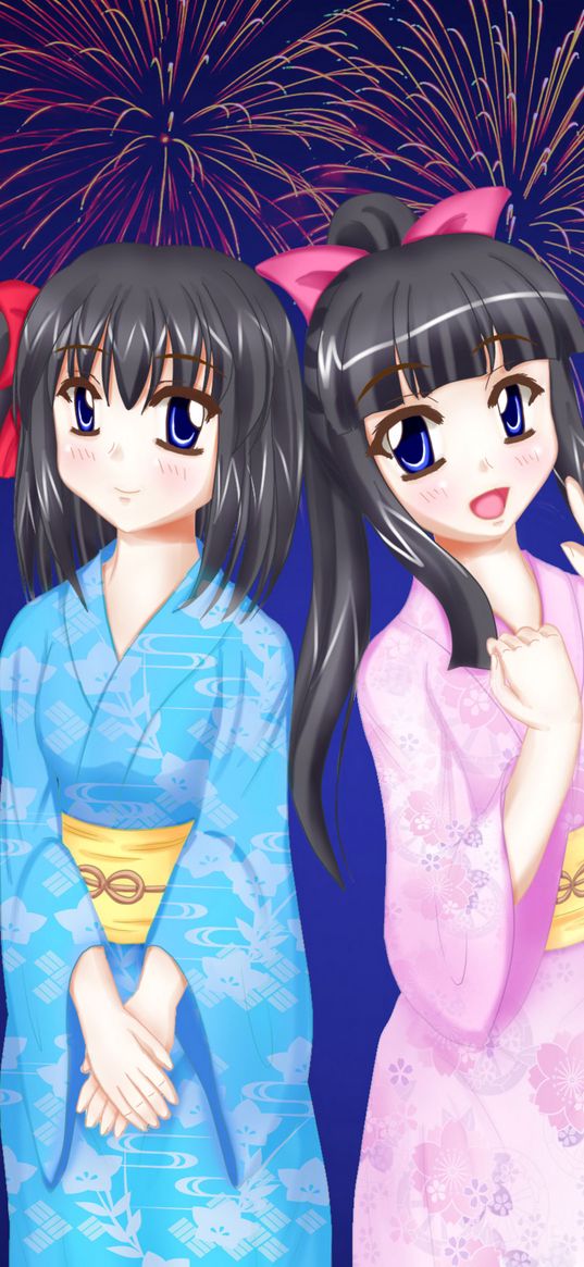 girls, friends, kimono, anime