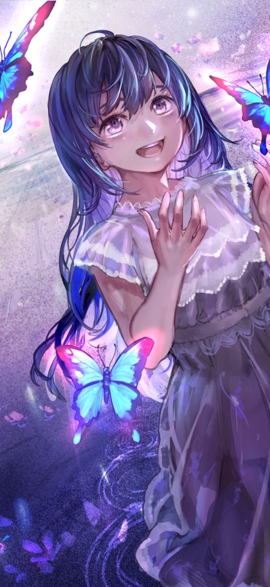 girl, smile, happy, butterflies, anime, art