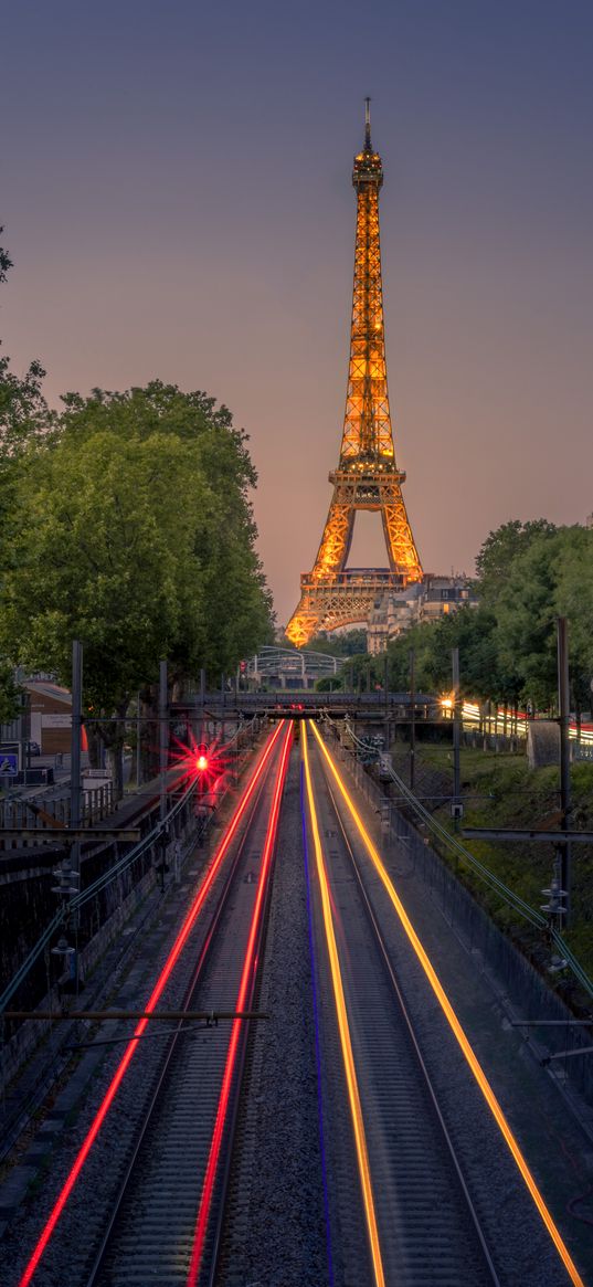 railroad, lights, long exposure, eiffel tower, paris