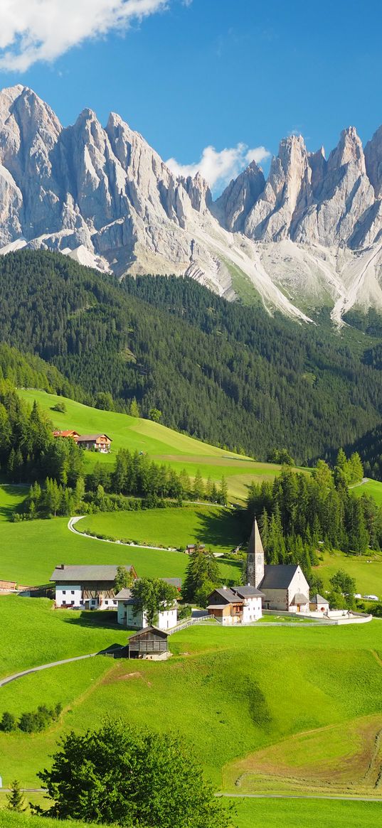 mountains, valley, houses, village, landscape, nature