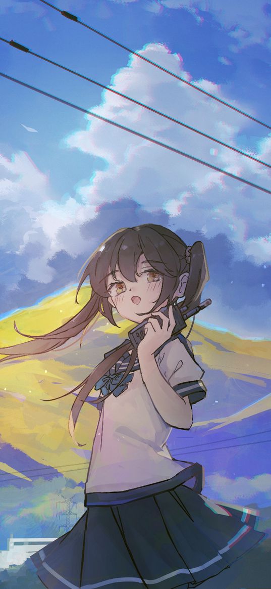 girl, phone, mountain, anime, art, cartoon