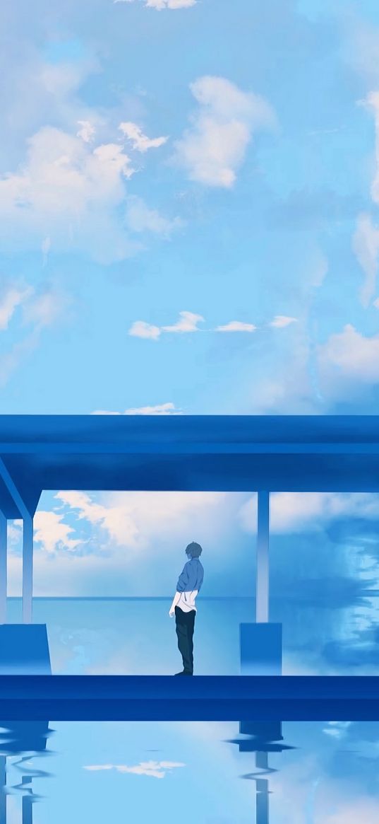 silhouette, platform, clouds, anime, art