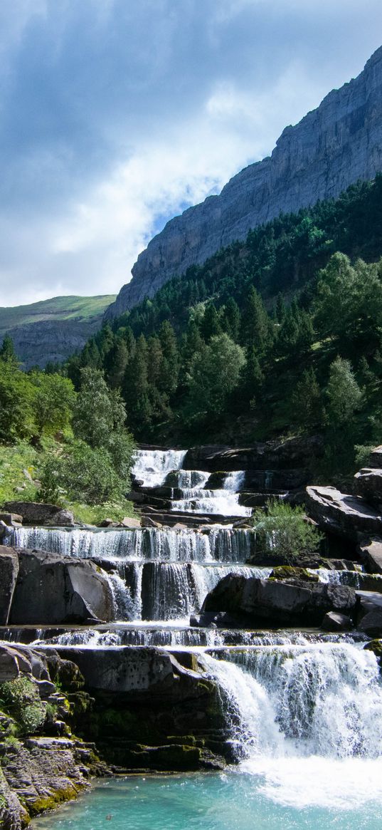 river, cascade, stones, trees, nature, landscape