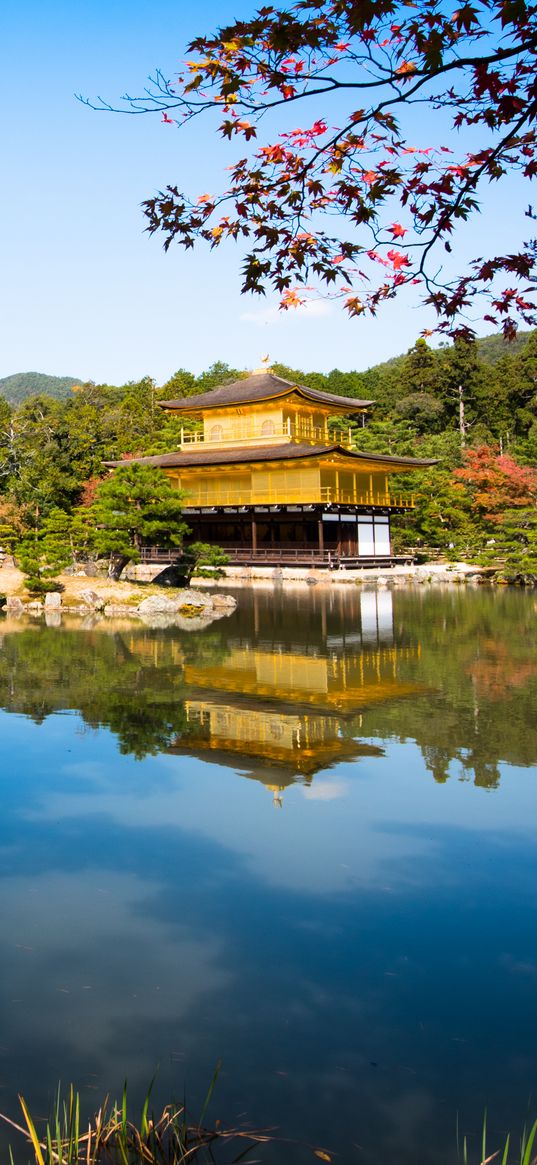 pagoda, temple, architecture, trees, lake, landscape