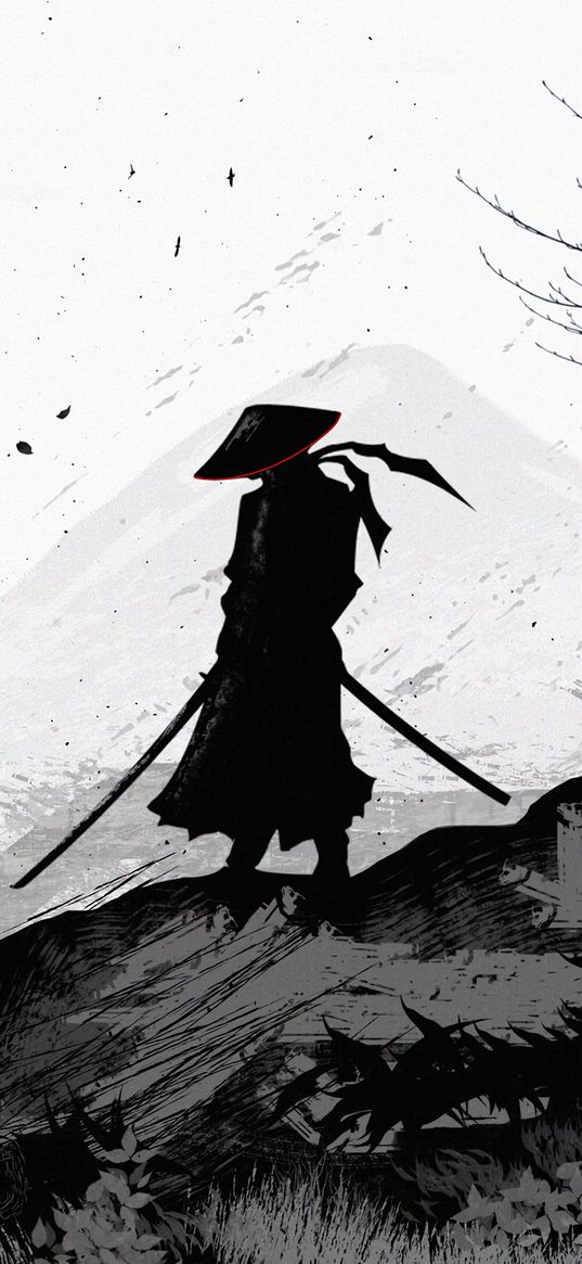 samurai, warrior, silhouette, art, black and white