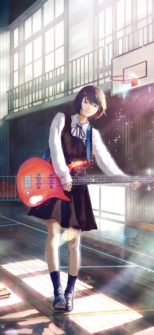 girl, bass guitar, guitar, smile, anime