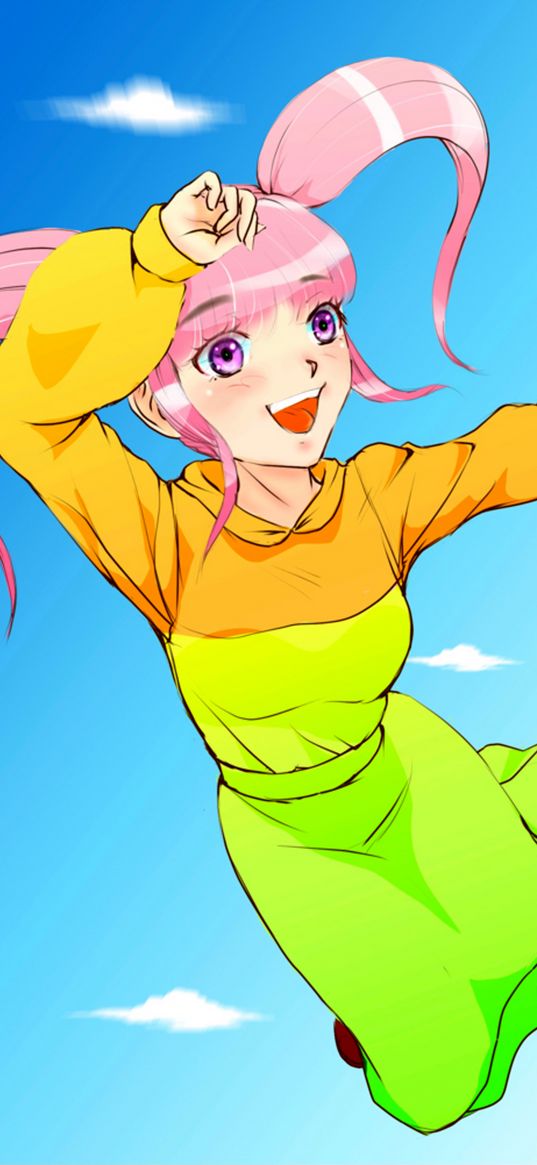 girl, smile, jump, happy, anime, art