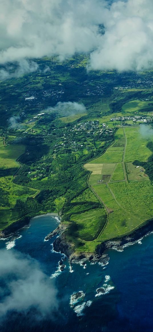 fields, clouds, water, aerial view, nature