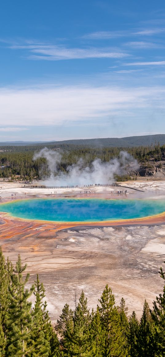 hot springs, crater, water, steam, trees, landscape