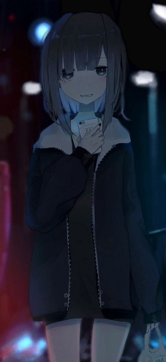 girl, smile, phone, anime