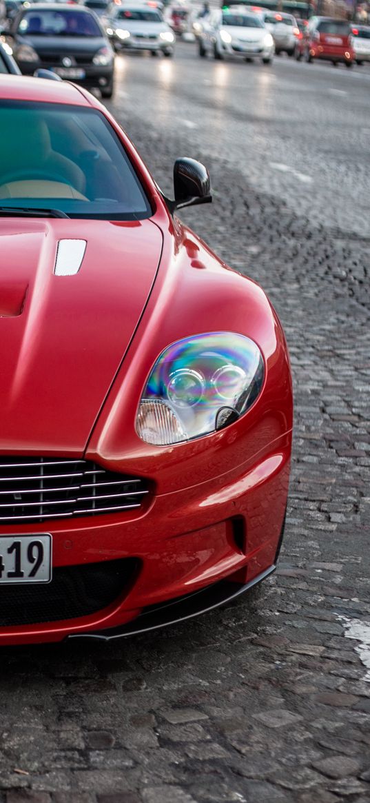 aston martin, car, red, front view