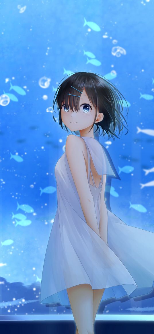 girl, smile, aquarium, fish, anime, art, blue