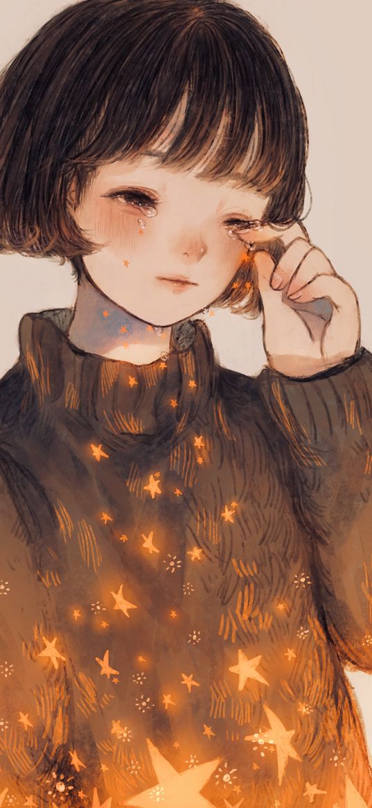 girl, tears, sad, stars, anime, art