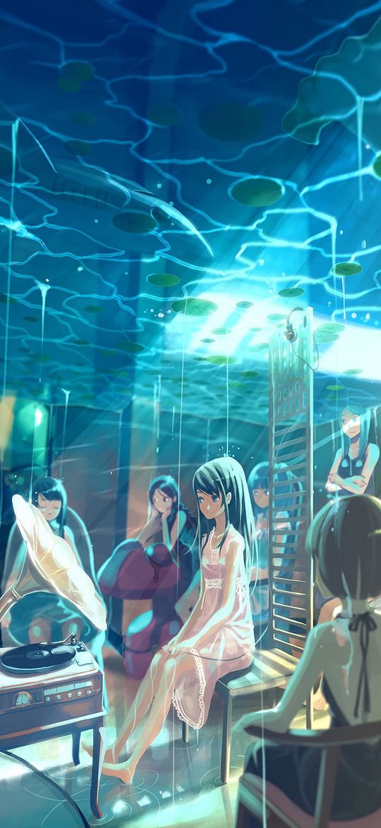 girls, party, music, underwater, anime