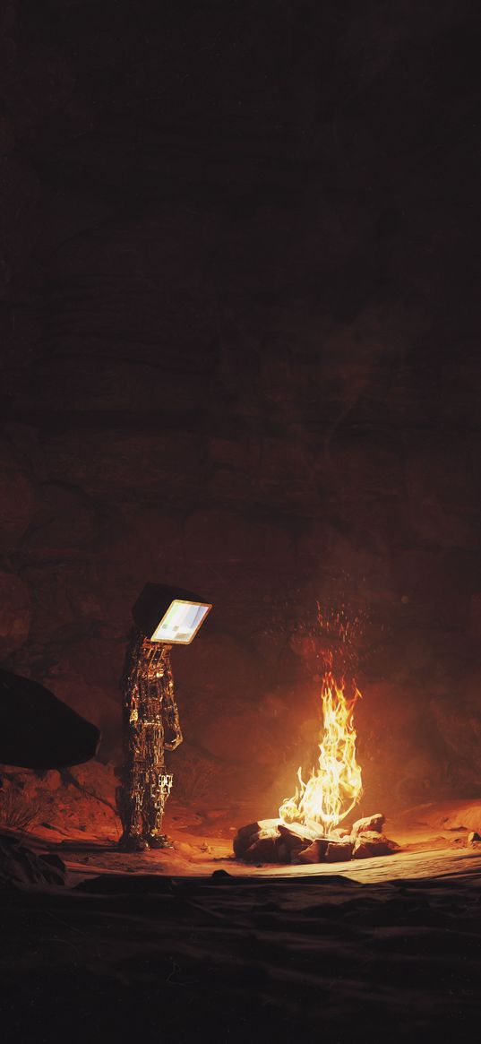 android, screen, bonfire, fire, cave, dark