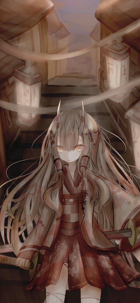 girl, demon, horns, kimono, anime, art