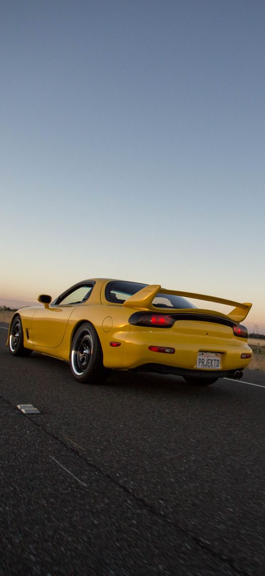 mazda rx-7, mazda, car, yellow, road