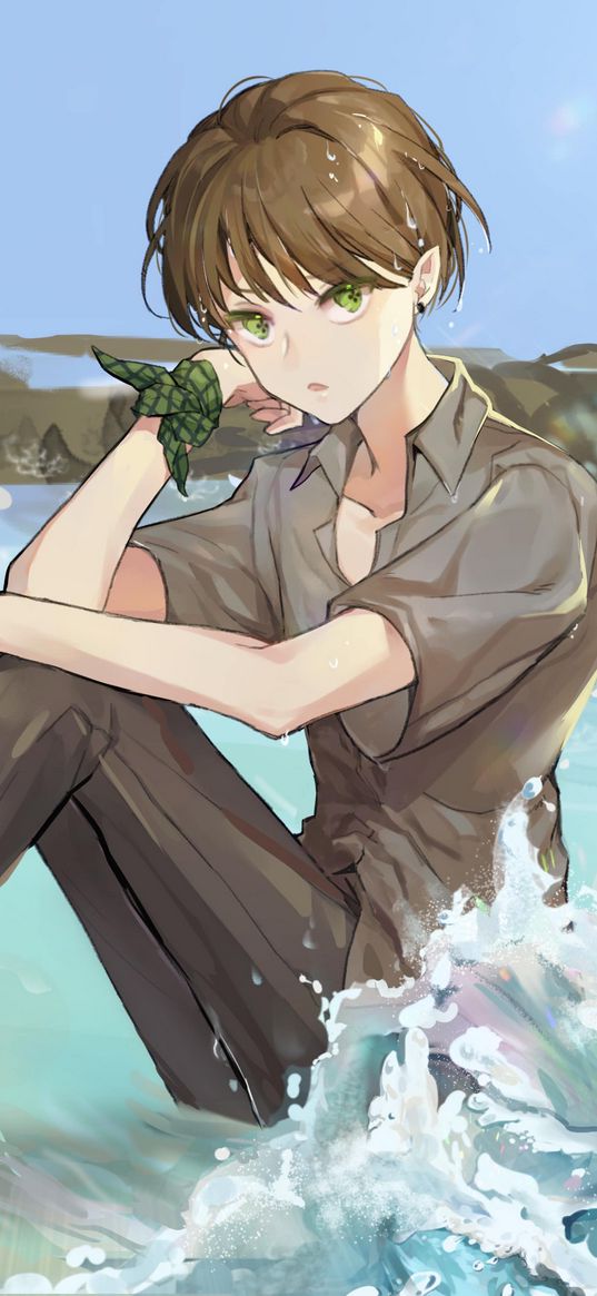 boy, elf, glance, sea, waves, anime, art, cartoon