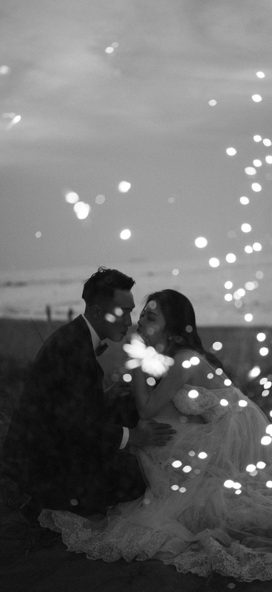 couple, love, wedding, sparks, black and white