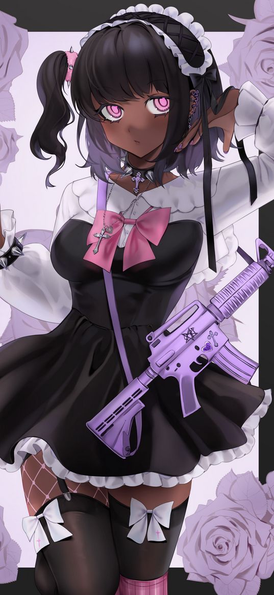 girl, maid, rifle, weapon, anime, art