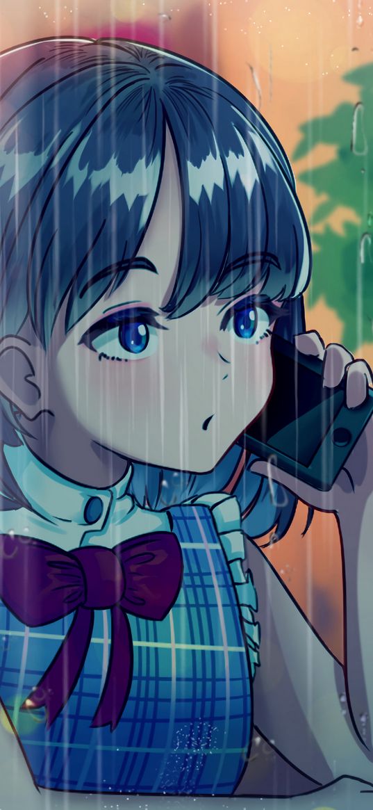 girl, phone, rain, anime, art