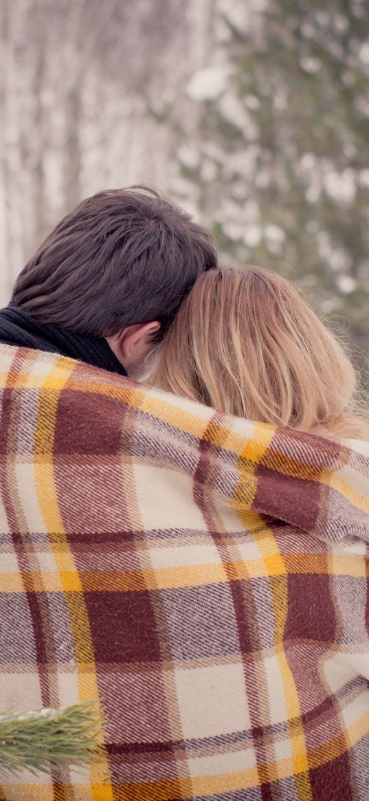 couple, hugs, plaid, love, snow, winter