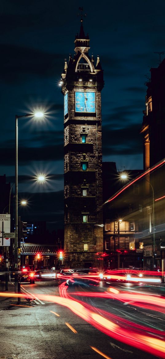 tower, architecture, road, light, long exposure, dark