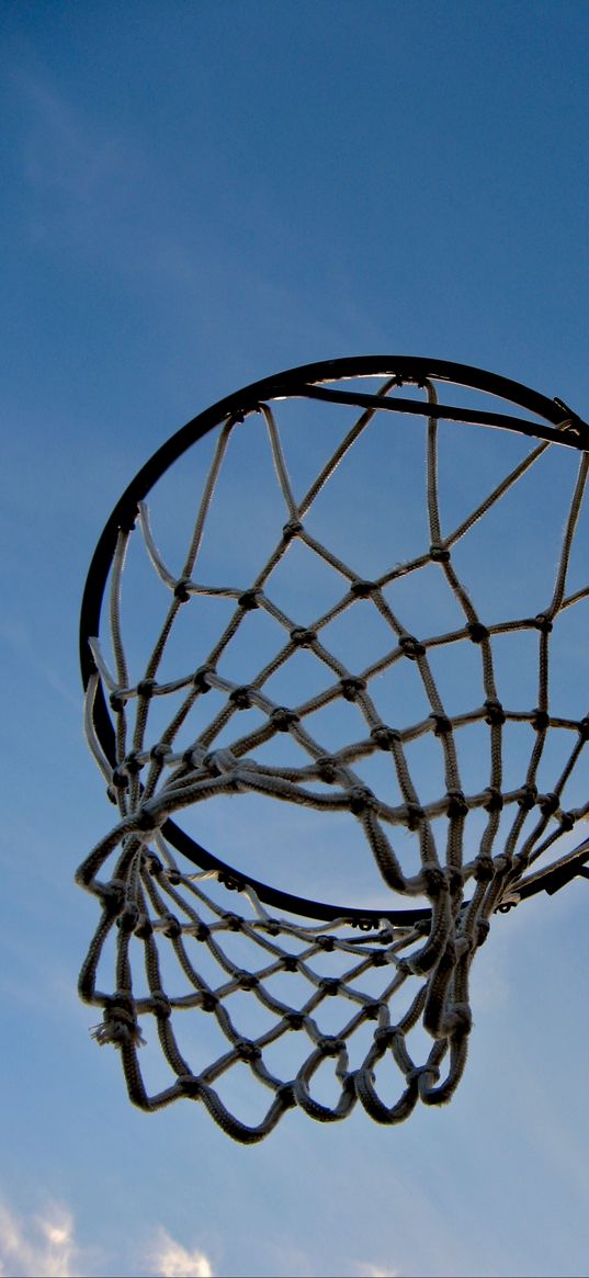 basketball hoop, basketball, mesh, sky, bottom view