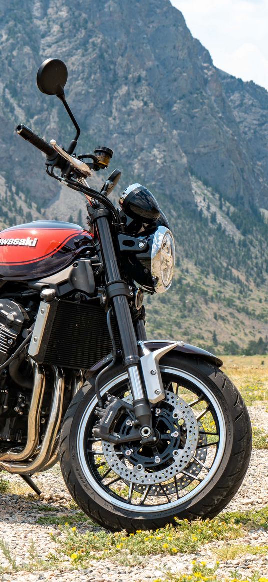 kawasaki, motorcycle, bike, red, mountains