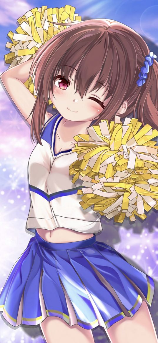 girl, cheerleader, pom-poms, anime, art