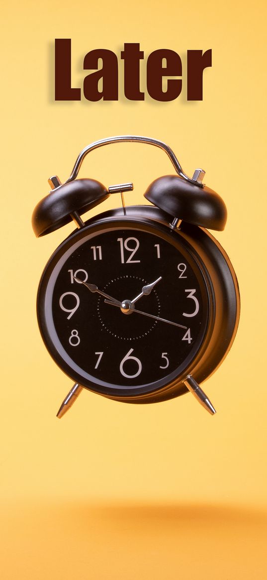 later, word, alarm clock, clock, time, yellow