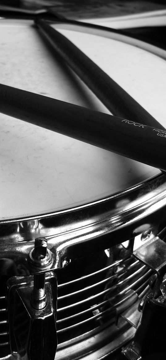 drum, drum sticks, musical instrument, music, black and white