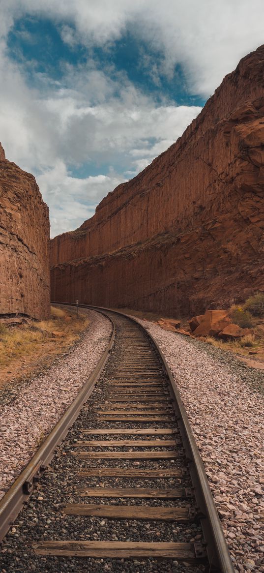 railway, rails, turn, canyon, rocks, landscape