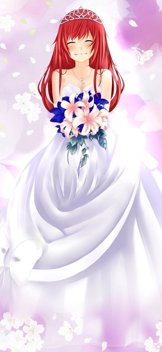 girl, bride, smile, bouquet, anime, art