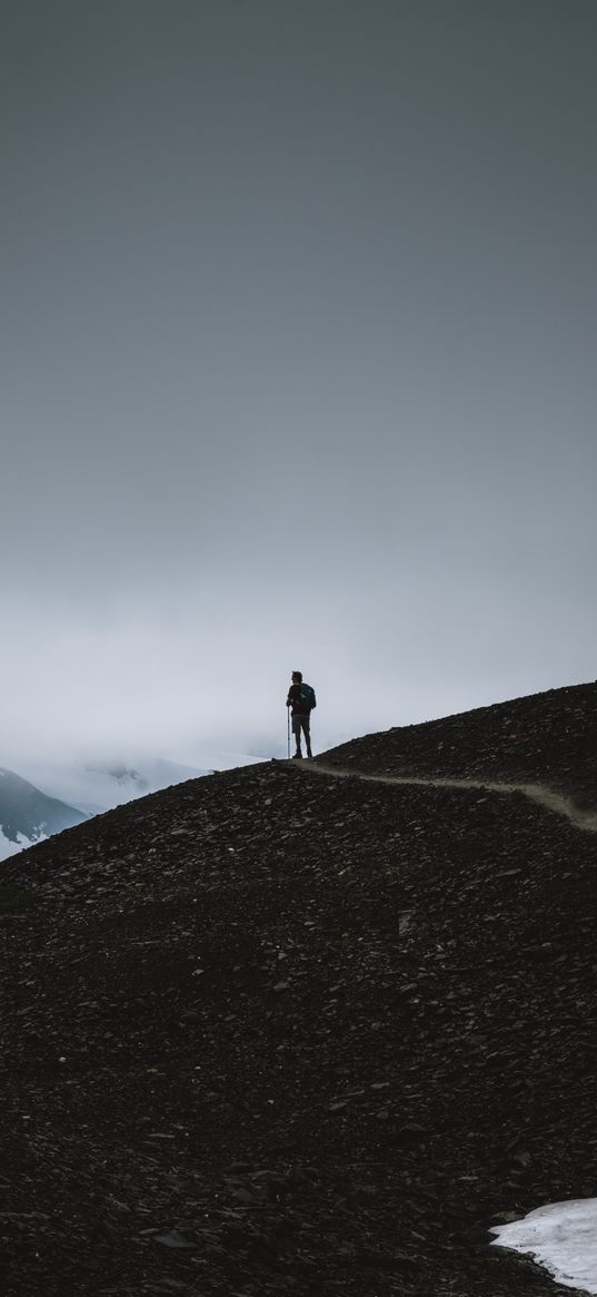 man, silhouette, alone, mountains, dusk, nature