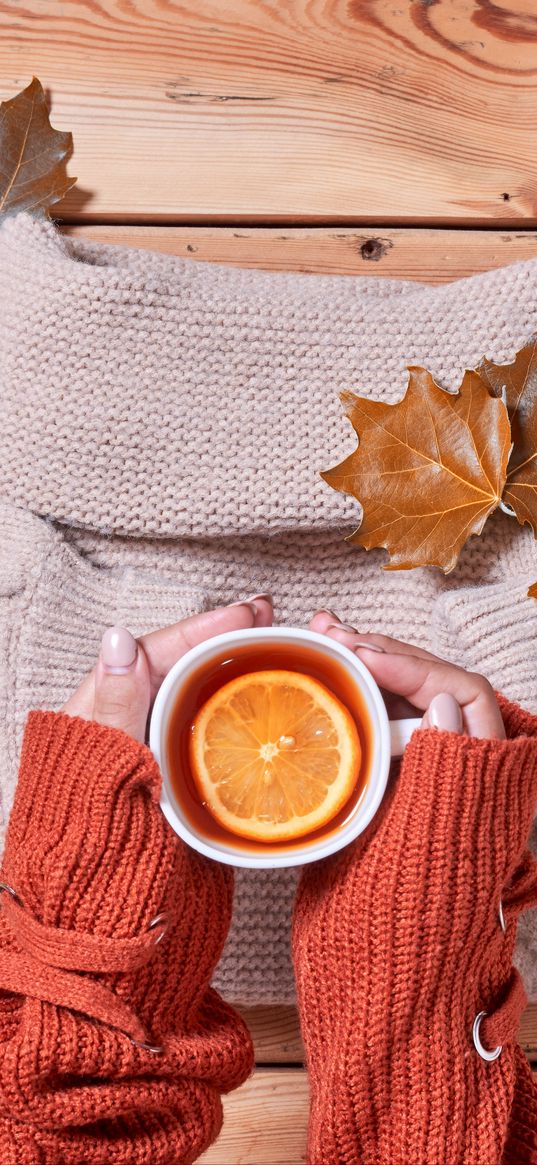 tea, lemon, mug, hands, sweater, autumn, cozy